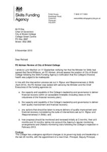 City of Bristol College - Skills Funding Agency advisers Letter to Chair