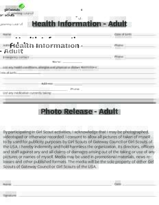 Health Information - Adult Name: Date of birth:  Address:
