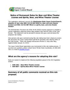 Notice of Permanent Rules for Beer and Wine Theater License and Spirits, Beer, and Wine Theater License This explanatory statement concerns the Washington State Liquor Control Board’s adoption of new rules WAC[removed]