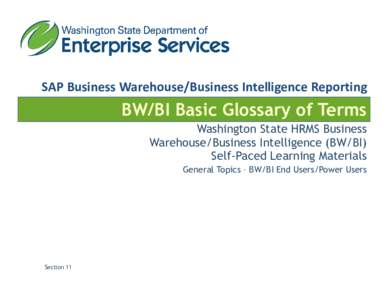 SAP Business Warehouse/Business Intelligence Reporting  BW/BI Basic Glossary of Terms Washington State HRMS Business Warehouse/Business Intelligence (BW/BI) Self-Paced Learning Materials