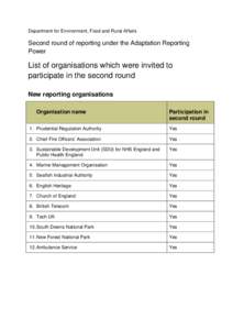 Department for Environment, Food and Rural Affairs  Second round of reporting under the Adaptation Reporting Power  List of organisations which were invited to
