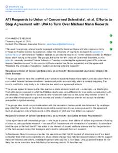 ATI Responds to Union of Concerned Scientists’, et al, Efforts to Stop Agreement with UVA to Turn Over Michael Mann Records