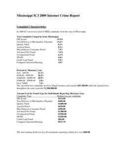 Mississippi IC3 2009 Internet Crime Report Complaint Characteristics In 2009 IC3 received a total of 1512 complaints from the state of Mississippi. Top Complaint Categories from Mississippi FBI Scams 19.4%