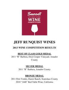 JEFF RUNQUIST WINES 2013 WINE COMPETITION RESULTS BEST OF CLASS GOLD MEDAL 2011 “R” Barbera, Dick Cooper Vineyard, Amador County SILVER MEDAL