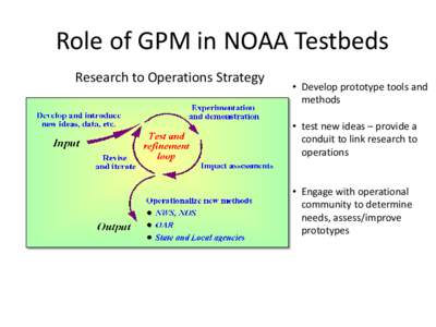 Role of GPM in NOAA Testbeds Research to Operations Strategy • Develop prototype tools and methods • test new ideas – provide a