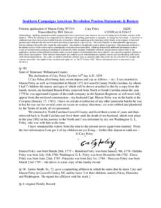 Southern Campaigns American Revolution Pension Statements & Rosters Pension application of Mason Foley W7314 Transcribed by Will Graves Caty Foley