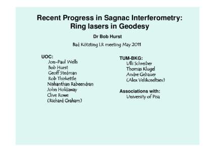 Recent Progress in Sagnac Interferometry: Ring lasers in Geodesy Dr Bob Hurst Bad Kötzting LR meeting May 2011 UOC: JonJon-Paul Wells