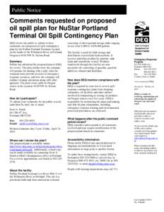 Public Notice  Comments requested on proposed oil spill plan for NuStar Portland Terminal Oil Spill Contingency Plan DEQ invites the public to submit written
