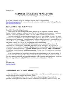 FebruaryCLINICAL SOCIOLOGY NEWSLETTER ~~ from the International Sociological Association’s RC46 ~~  If you need translation, please use translation software such as Google Translate