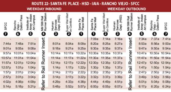 ROUTE 22- SANTA FE PLACE - HSD - IAIA - RANCHO VIEJO - SFCC WEEKDAY OUTBOUND Super Wal-Mart on Cerrillos  WEEKDAY INBOUND