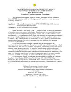 Final Decision to Certify Hazardous Waste Environmental Technologies - Thermal Desorption Sampler