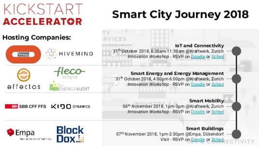 Smart City Journey 2018 Hosting Companies: IoT and Connectivity 31 October 2018, 8:30am-11:30am @Kraftwerk, Zurich Innovation Workshop - RSVP on Doodle or Sched th