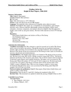 Brian Sutton-Smith Library and Archives of Play  Ralph H. Baer Papers Finding Aid to the Ralph H. Baer Papers, 