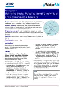 Activity sheet 1:  Using the Social Model to identify individual and environmental barriers Purpose: Participants to apply their understanding of the social model of disability by using it to analyse a set of problems in
