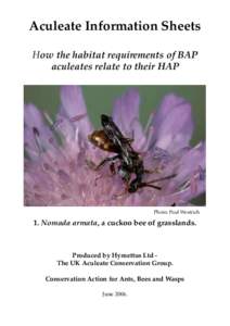 Aculeate Information Sheets How the habitat requirements of BAP aculeates relate to their HAP Photo: Paul Westrich
