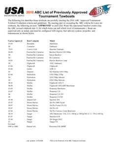 2010 ABC List of Previously Approved Tournament Towboats The following list identifies those towboats successfully meeting the 2010 ABC Approved Tournament Towboat Evaluation criteria and guidelines. By meeting and /or e