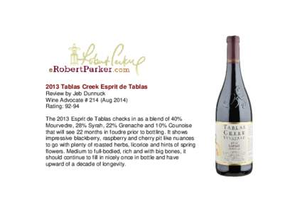 2013 Tablas Creek Esprit de Tablas Review by Jeb Dunnuck Wine Advocate # 214 (AugRating: 92-94 The 2013 Esprit de Tablas checks in as a blend of 40% Mourvedre, 28% Syrah, 22% Grenache and 10% Counoise