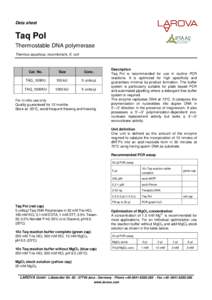 Data sheet  Taq Pol Thermostable DNA polymerase Thermus aquaticus, recombinant, E. coli