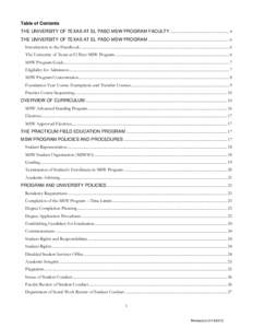 Table of Contents THE UNIVERSITY OF TEXAS AT EL PASO MSW PROGRAM FACULTY ............................................................ 4 THE UNIVERSITY OF TEXAS AT EL PASO MSW PROGRAM .....................................