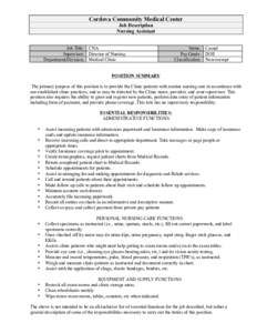 Cordova Community Medical Center Job Description Nursing Assistant Job Title: Supervisor: Department/Division: