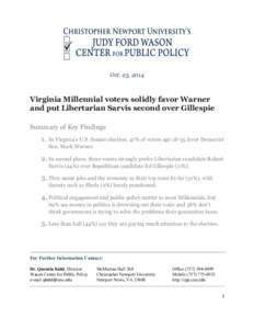    Oct. 23, 2014 Virginia Millennial voters solidly favor Warner and put Libertarian Sarvis second over Gillespie