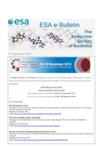 ESA e-Bulletin  2nd September 2014 The Endocrine Society of Australia are organising a symposia at the AH & MR Congress. Participation is welcome to both members and non-members.ESA will be participating on Monday 17th N
