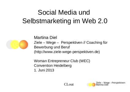 Social Media und Selbstmarketing im Web 2.0 Martina Diel Ziele – Wege – Perspektiven // Coaching für Bewerbung und Beruf (http://www.ziele-wege-perspektiven.de)