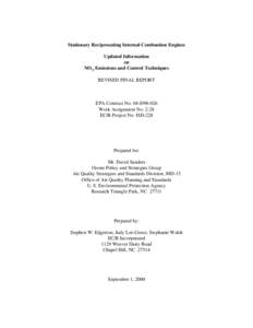 Stationary Reciprocating Internal Combustion Engines Updated Information on NOX Emissions and Control Techniques REVISED FINAL REPORT