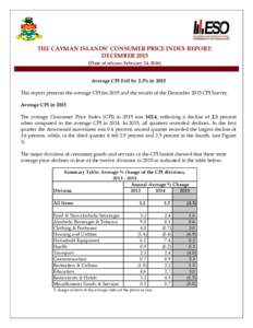 THE CAYMAN ISLANDS’ CONSUMER PRICE INDEX REPORT: DECEMBERDate of release: February 24, 2016) Average CPI Fell by 2.3% in 2015 This report presents the average CPI for 2015 and the results of the December 2015 CP