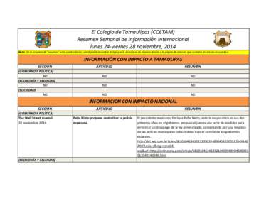 El Colegio de Tamaulipas (COLTAM) Resumen Semanal de Información Internacional lunes 24-viernes 28 noviembre, 2014 Nota: En la columna de 