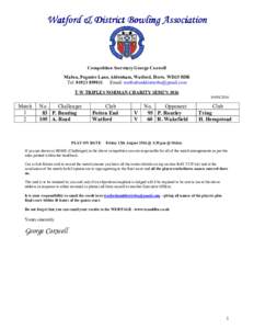 Watford & District Bowling Association  Competition Secretary George Coxwell Malwa, Pegmire Lane, Aldenham, Watford, Herts. WD25 8DR Tel: Email: 