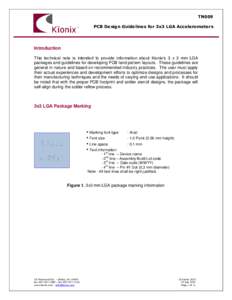 TN009 PCB Design Guidelines for 3x3 LGA Accelerometers Introduction This technical note is intended to provide information about Kionix’s 3 x 3 mm LGA packages and guidelines for developing PCB land pattern layouts. Th