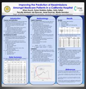 Improving the Prediction of Readmissions Amongst Medicare Patients in a California Hospital Nhan Huynh, Dylan Robbins-Kelley, Holly Fallah Faculty Advisors: Ian Duncan, Janet Duncan, Wade Herndon  Dept. of Statistics and