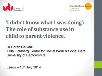 ‘I didn’t know what I was doing’: The role of substance use in child to parent violence. Dr Sarah Galvani Tilda Goldberg Centre for Social Work & Social Care University of Bedfordshire