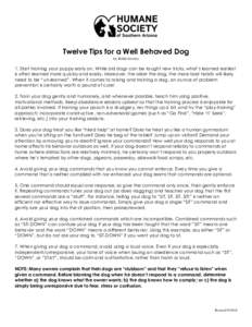 Twelve Tips for a Well Behaved Dog by Robin Kovary 1. Start training your puppy early on. While old dogs can be taught new tricks, what‟s learned earliest is often learned more quickly and easily. Moreover, the older t