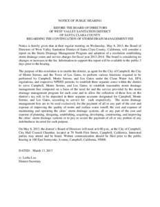 NOTICE OF PUBLIC HEARING BEFORE THE BOARD OF DIRECTORS