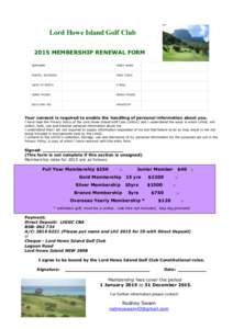 Lord Howe Island Golf Club 2015 MEMBERSHIP RENEWAL FORM SURNAME FIRST NAME