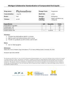 Michigan Collaborative Standardization of Compounded Oral Liquids Drug name: Phytonadione  Dosage Form: