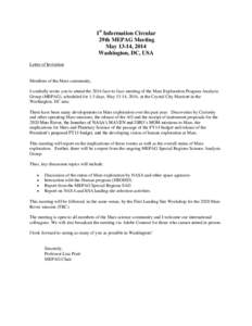 1st Information Circular 29th MEPAG Meeting May 13-14, 2014 Washington, DC, USA Letter of Invitation