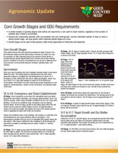    Corn Growth Stages and GDU Requirements • A certain number of growing degree units (GDUs) are required by a corn plant to reach maturity, regardless of the number of calendar days it takes to accumulate. • Knowin