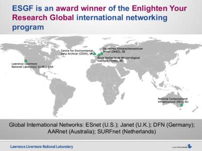 ESGF is an award winner of the Enlighten Your Research Global international networking program Global International Networks: ESnet (U.S.); Janet (U.K.); DFN (Germany); AARnet (Australia); SURFnet (Netherlands)