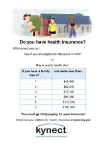 Do you have health insurance? With kynect you can: See if you are eligible for Medicaid or CHIP or Buy a quality health plan. If you have a family