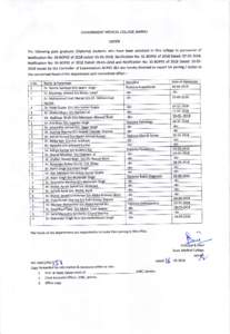 GOVERNMENT MEDICAL COLLEGE JAMMU ORDER pursuance of The following post graduate (Diploma) students who have been admitted in this college in Notification No: 28-BOpEE of 2018 dated: , Notification No: 31-BOPEE 