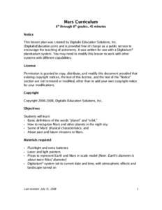 Mars Curriculum 6 through 8th grades, 45 minutes th Notice This lesson plan was created by Digitalis Education Solutions, Inc.