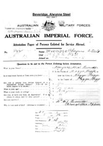 Beveridge, Alwynne Steel ASC Notice below contracted Malaria.  Beveridge Post Card from Gallipoli, 21 October 1915