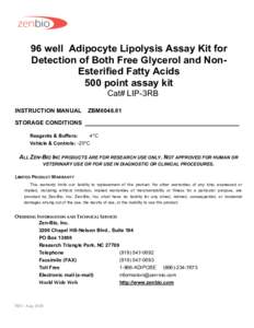 96 well Adipocyte Lipolysis Assay Kit for Detection of Both Free Glycerol and NonEsterified Fatty Acids 500 point assay kit Cat# LIP-3RB INSTRUCTION MANUAL