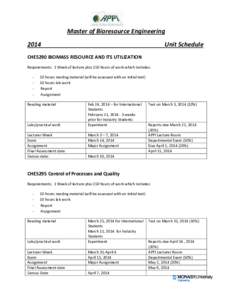 Master of Bioresource Engineering 2014 Unit Schedule  CHE5290 BIOMASS RESOURCE AND ITS UTILIZATION