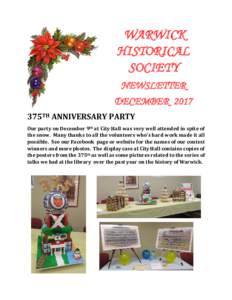 WARWICK HISTORICAL SOCIETY NEWSLETTER DECEMBER 2017 375TH ANNIVERSARY PARTY