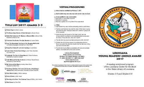 voting procedures Votes must be submitted by February 1, 2017. Each student may vote only once and vote for only one book. LOUISIANA YOUNG READERS’ CHOICE