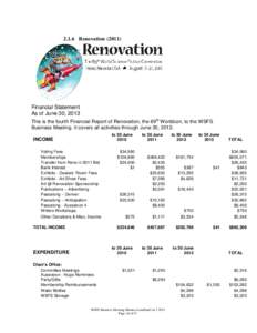 2.1.6 RenovationFinancial Statement As of June 30, 2013 This is the fourth Financial Report of Renovation, the 69th Worldcon, to the WSFS Business Meeting. It covers all activities through June 30, 2013.